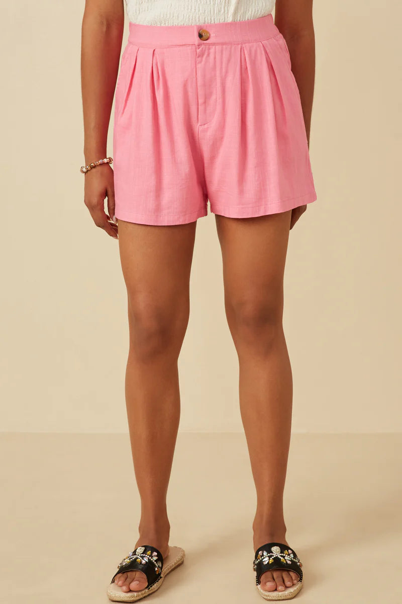 Pleated Detail Button Front Shorts in Pink also available in Plus