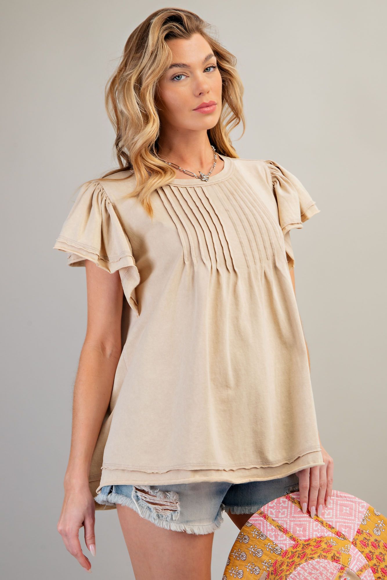 Ruffled Sleeve Pintuck top
