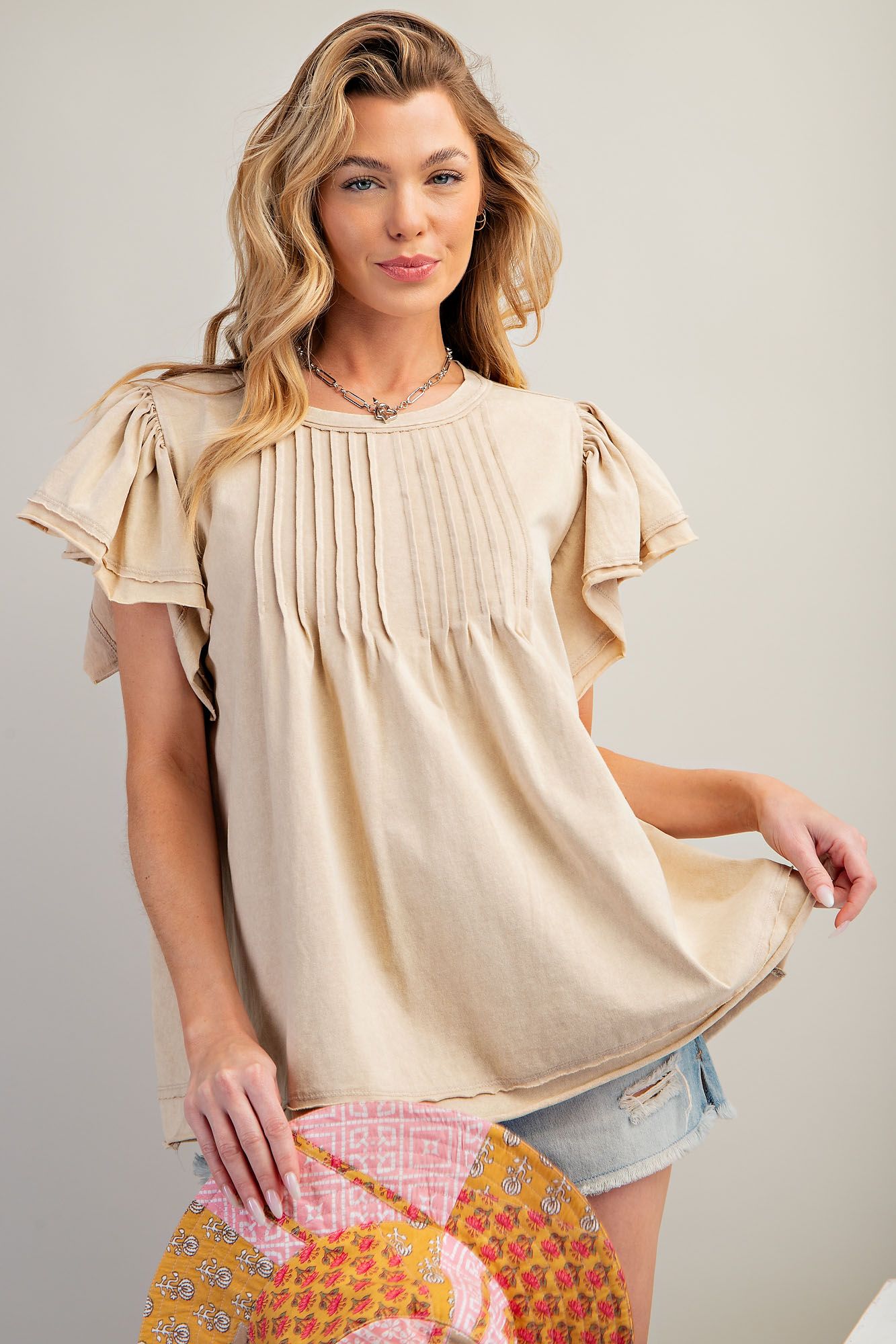Ruffled Sleeve Pintuck top