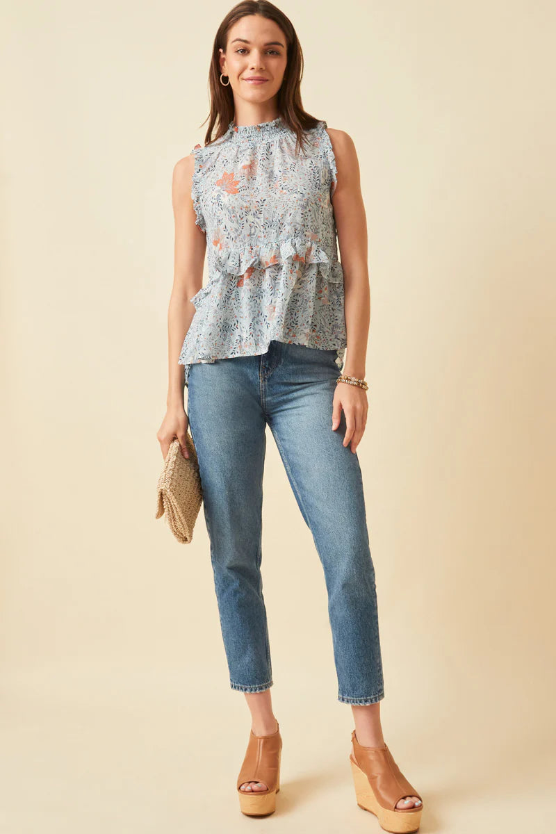 Floral Smocked Neck Ruffle Top