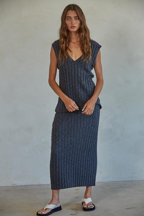 Knit Ribbed Vest and Skirt Set in Charcoal