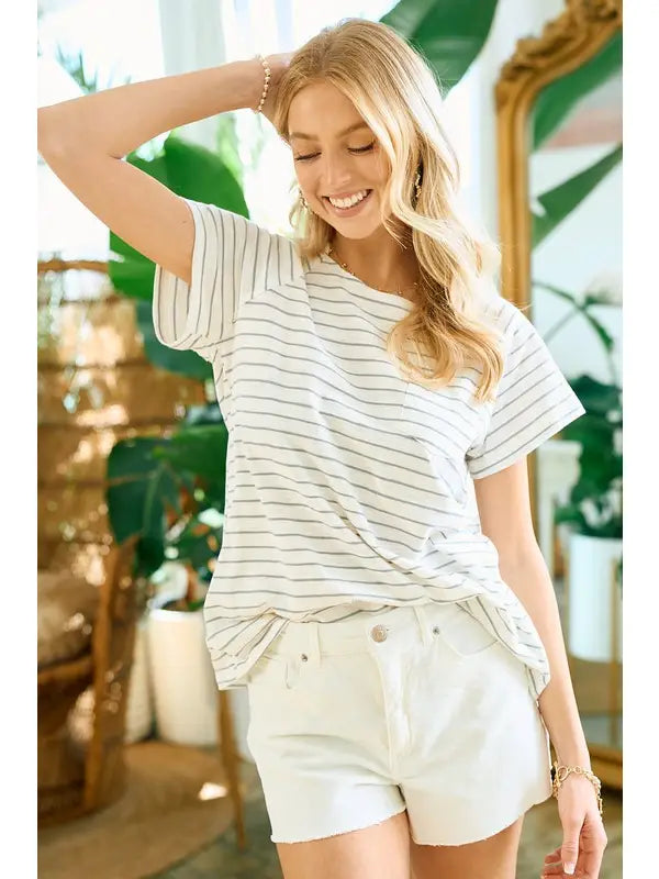 Pleated Back Raglan Striped tee in Seafoam