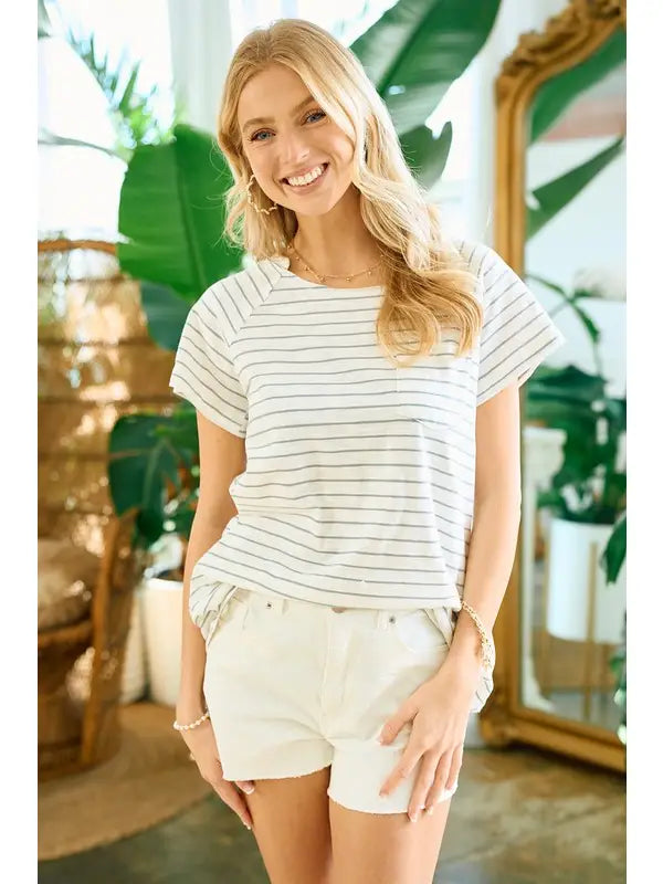 Pleated Back Raglan Striped tee in Seafoam