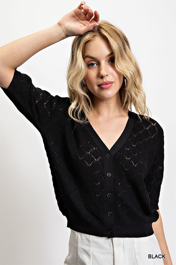 Pointelle Knitted Cardigan in Black
