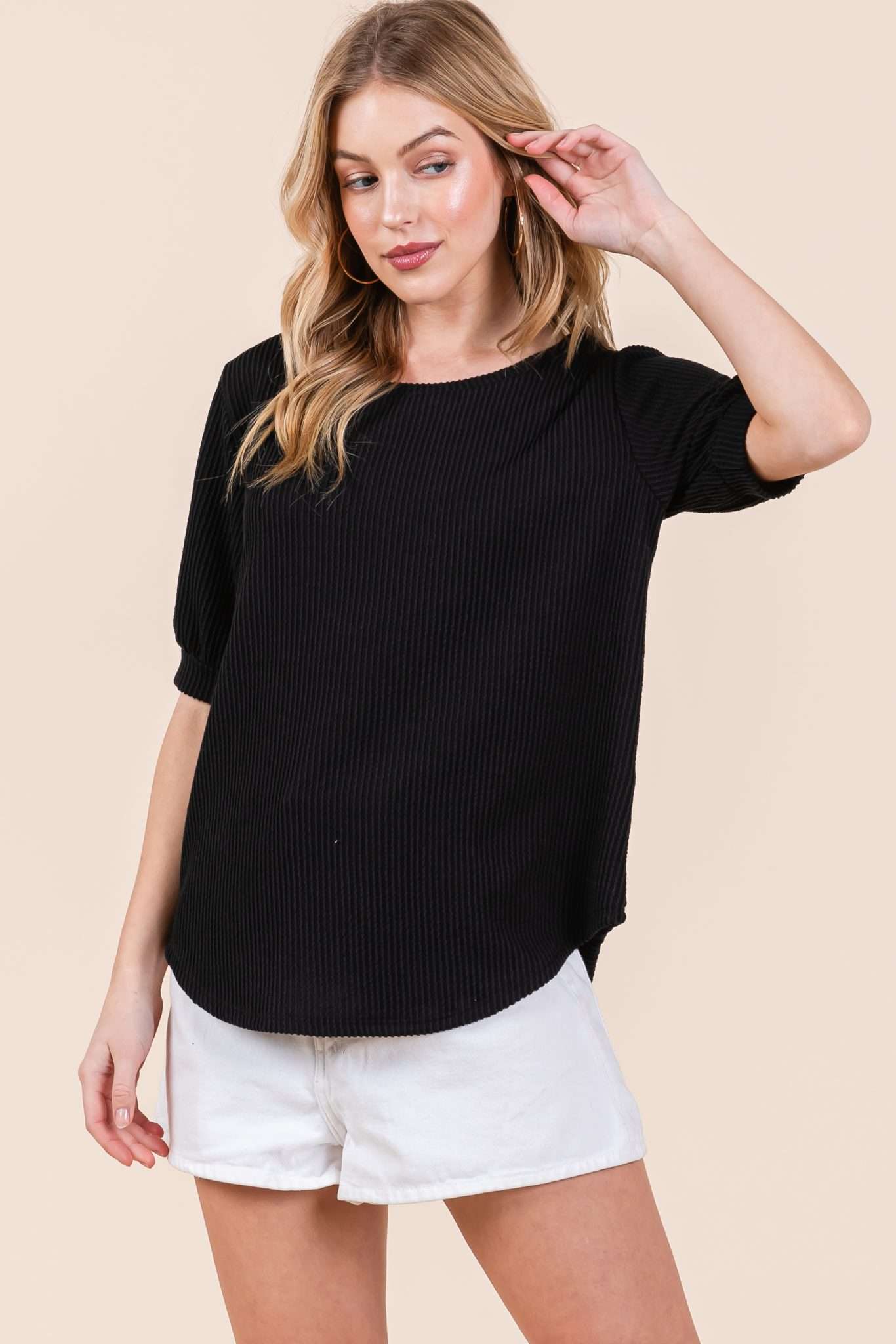 Short sleeve ribbed top in Black