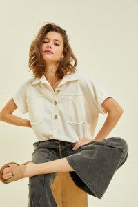 Short Sleeve Button Top in Cream