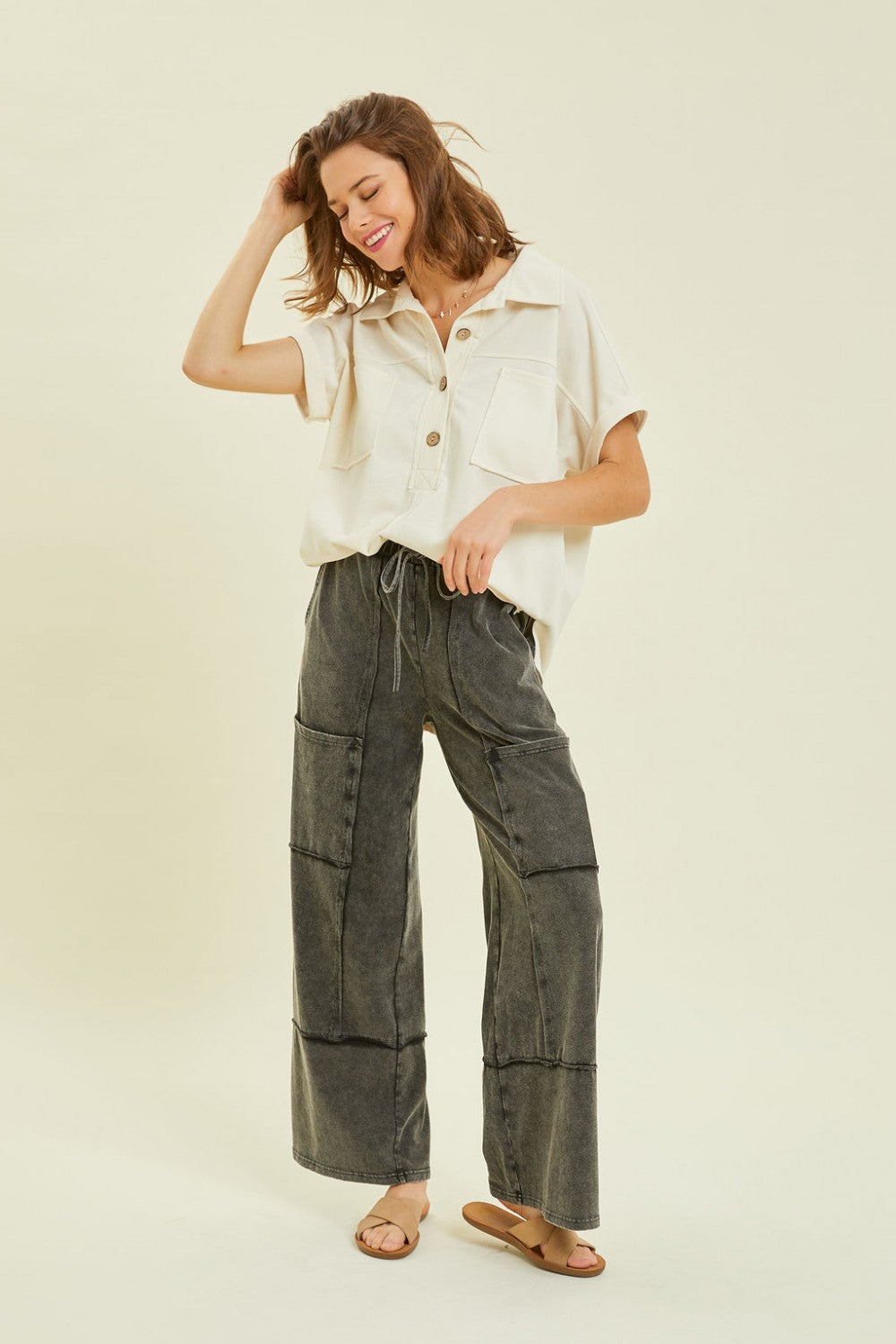 Short Sleeve Button Top in Cream