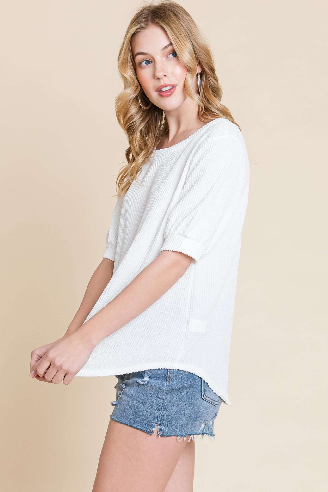 Short sleeve ribbed top in White