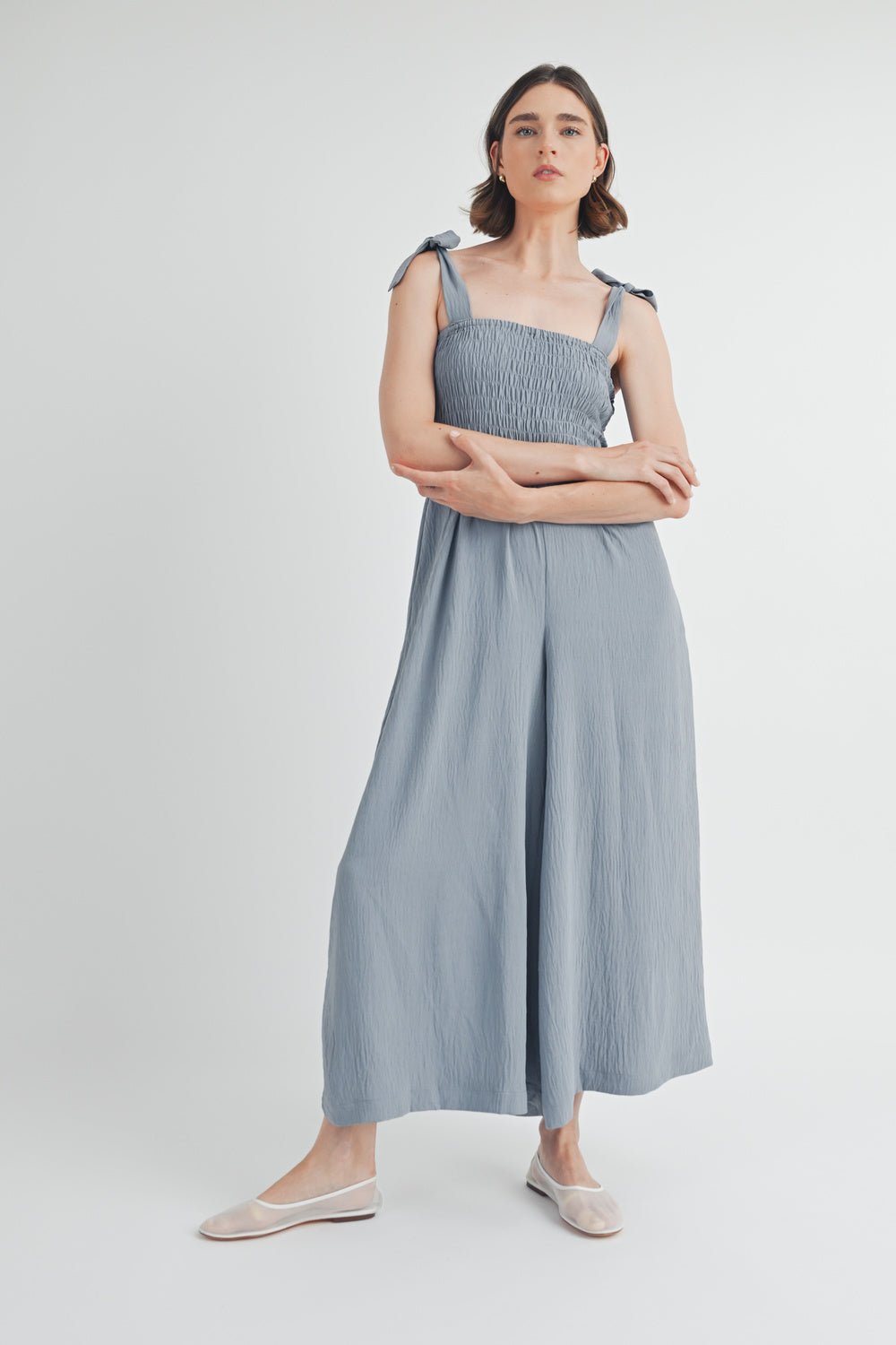 Smocked Detail Jumpsuit in Dusty Blue