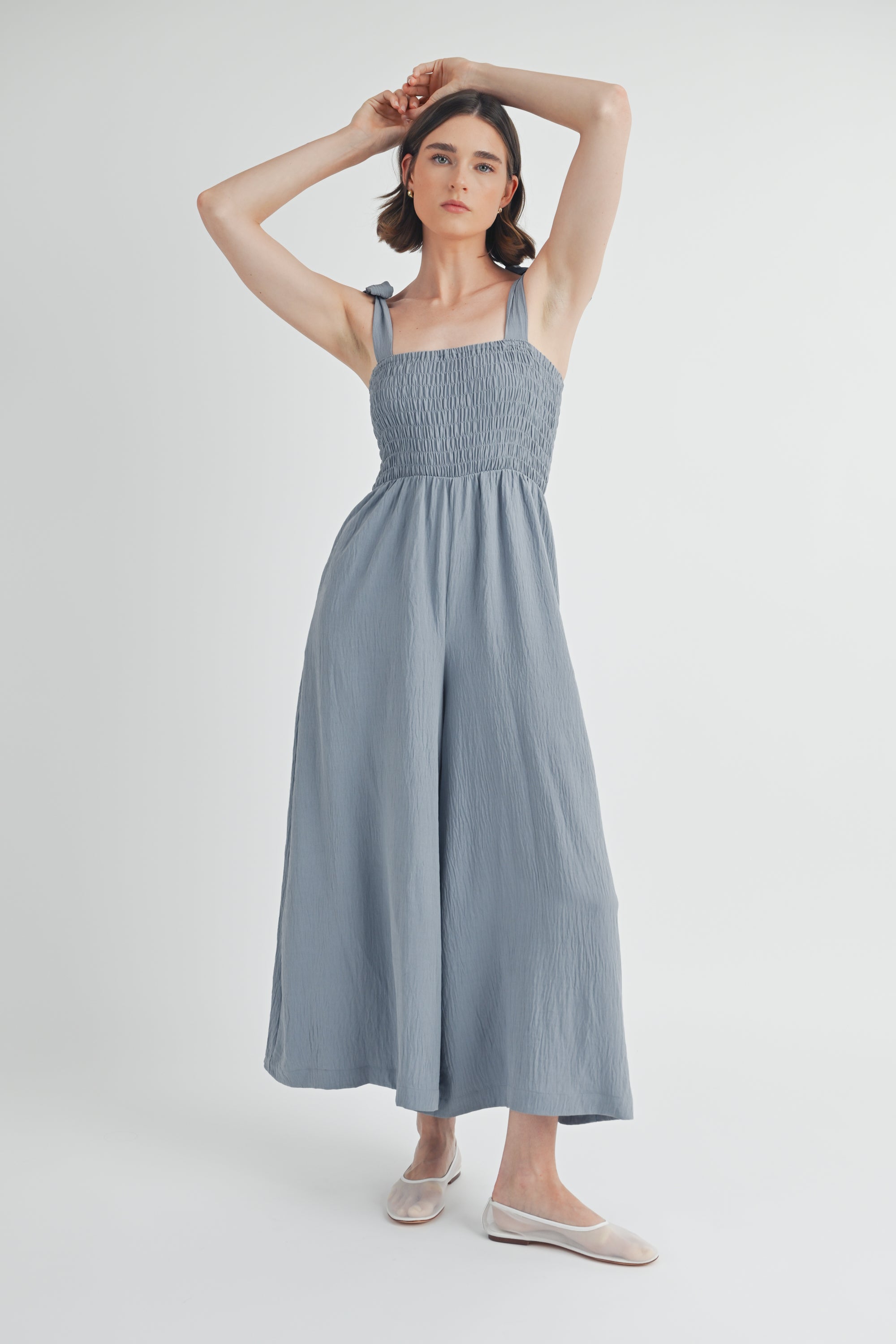 Smocked Detail Jumpsuit in Dusty Blue