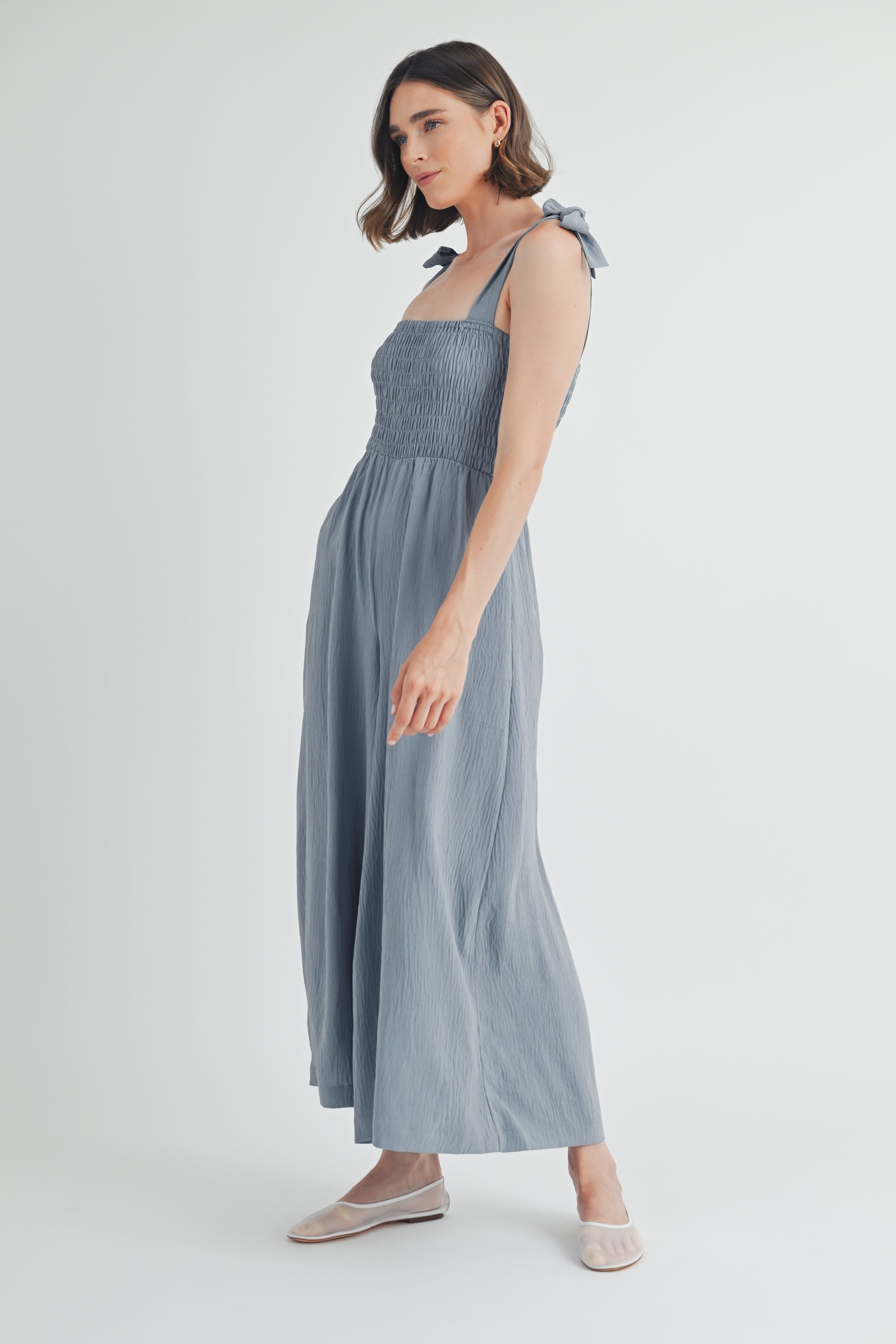 Smocked Detail Jumpsuit in Dusty Blue
