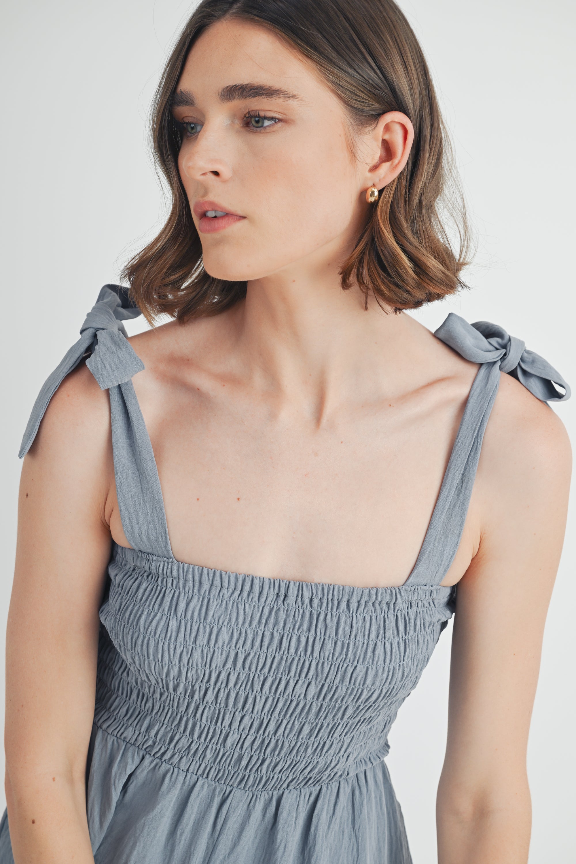 Smocked Detail Jumpsuit in Dusty Blue