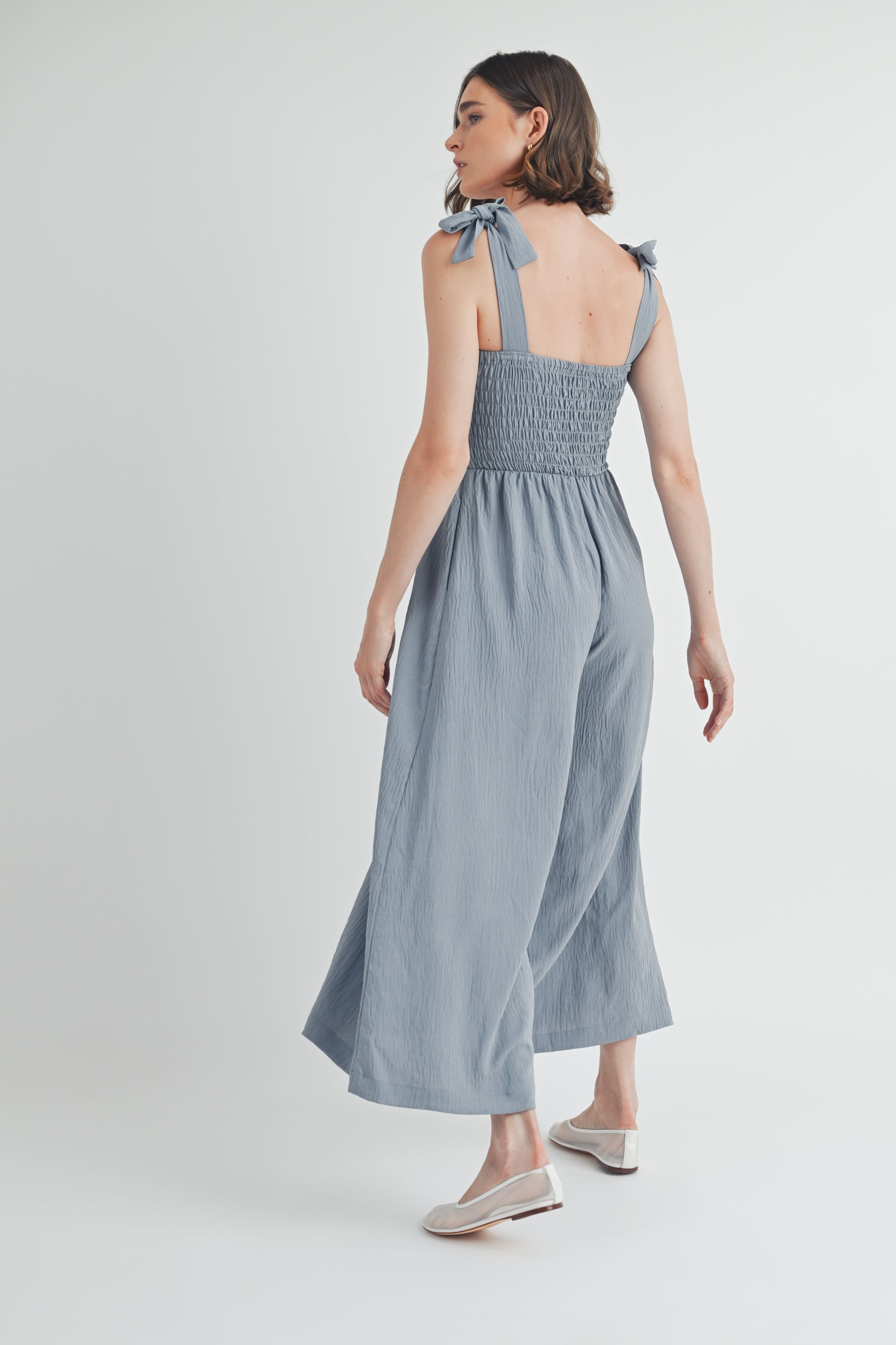 Smocked Detail Jumpsuit in Dusty Blue
