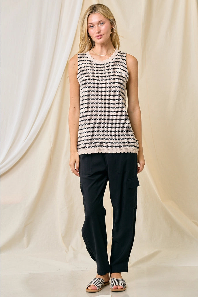 Striped crochet tank with a scalloped edge