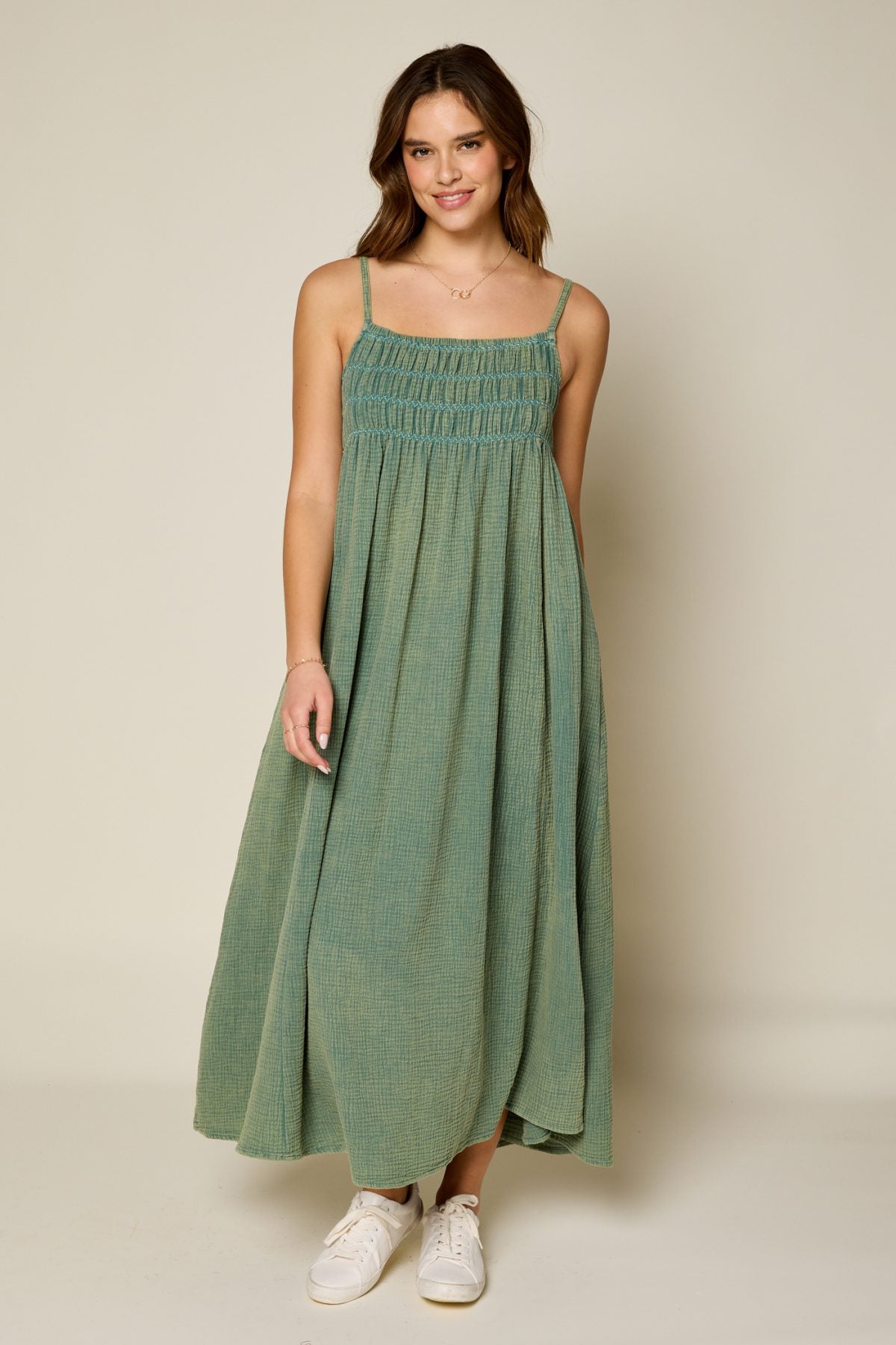 Smocked Overall Dress in Sage Leaf
