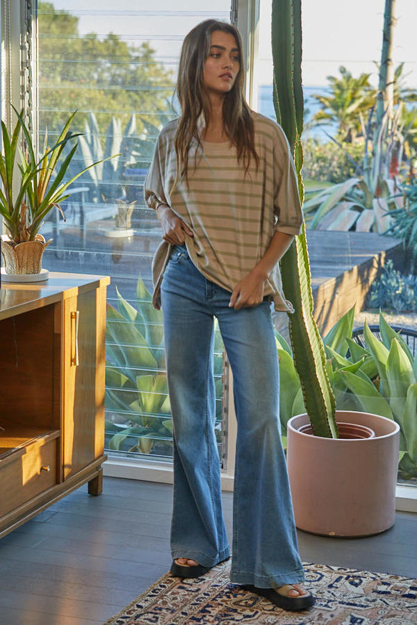 Knit Cotton Jersey Striped Round Neck Raglan Short Sleeve Top in Taupe/Olive