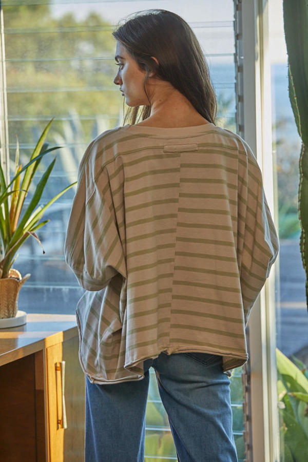 Knit Cotton Jersey Striped Round Neck Raglan Short Sleeve Top in Taupe/Olive