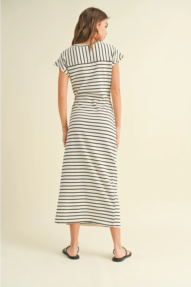 STRIPE PATTERN KNOT DETAIL DRESS in White/ Navy