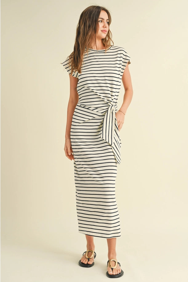 STRIPE PATTERN KNOT DETAIL DRESS in White/ Navy