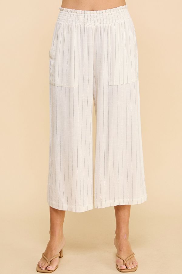 Smocked Waist Pin stripe Linen Crop pants