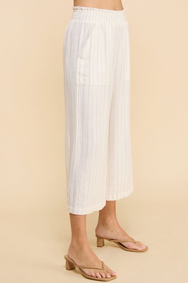 Smocked Waist Pin stripe Linen Crop pants