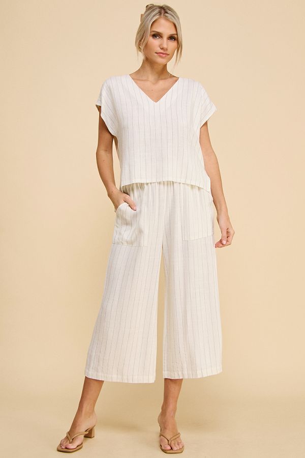 Smocked Waist Pin stripe Linen Crop pants