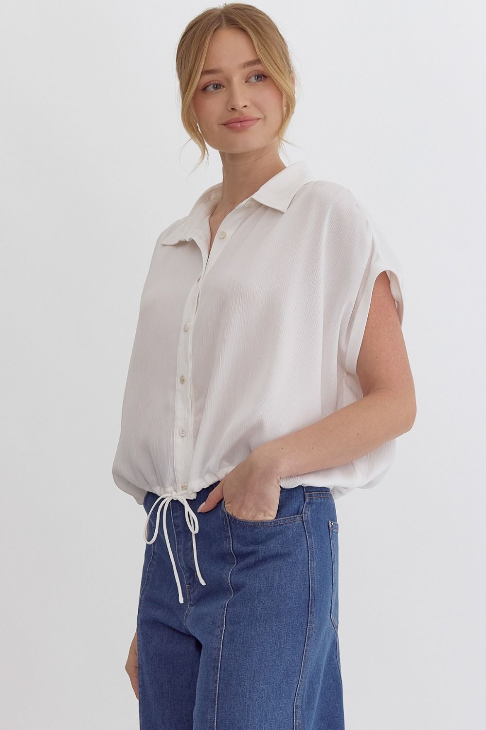 Texture Drawstring Top in White