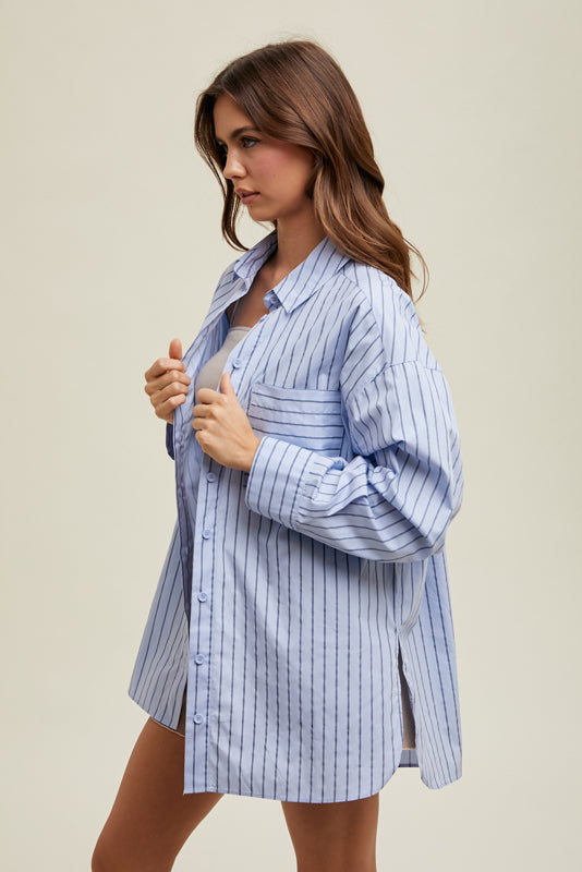 Boyfriend Stripe Button-Up Shirt in Navy/Black