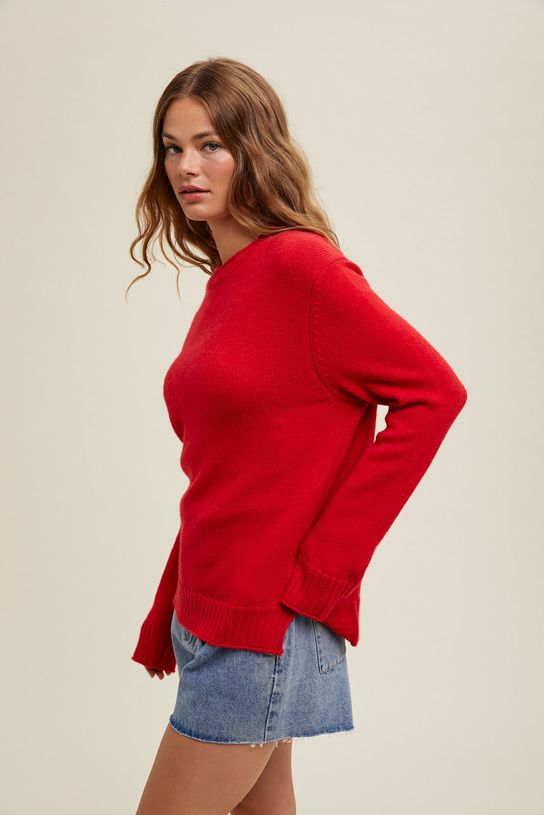 Ribbed Band Detail Sweater in Red