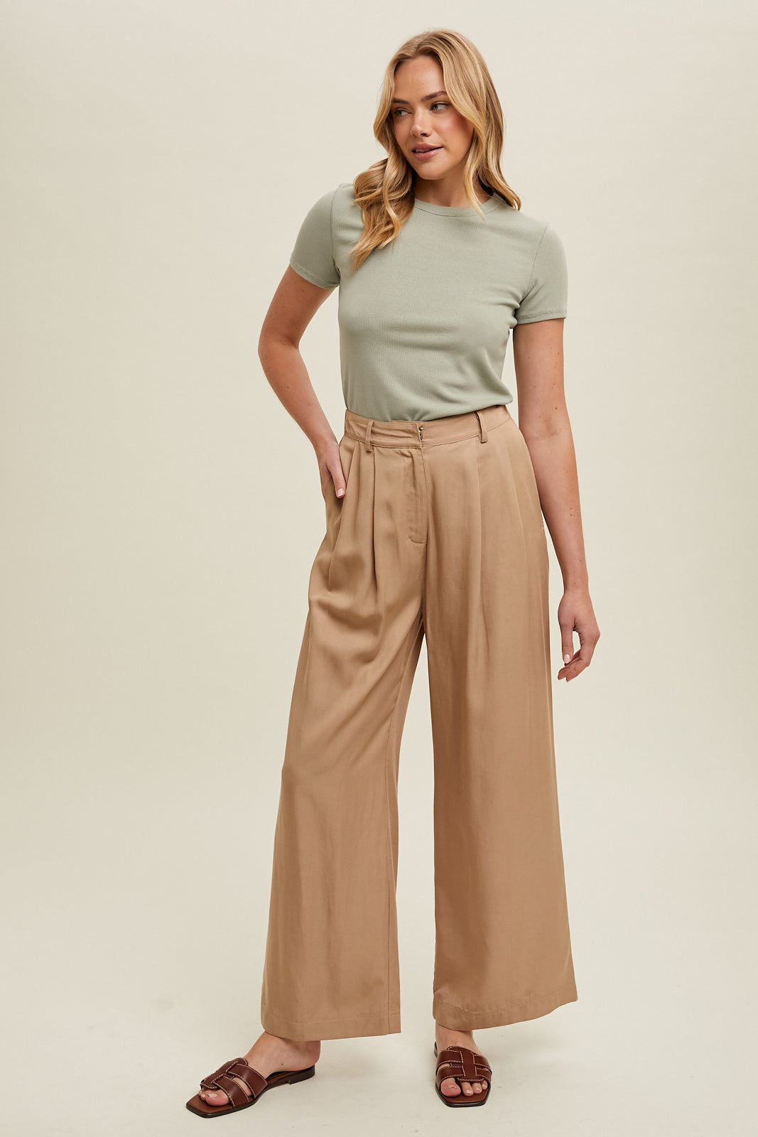 Pleated Tencel Wide Leg Pants in Camel