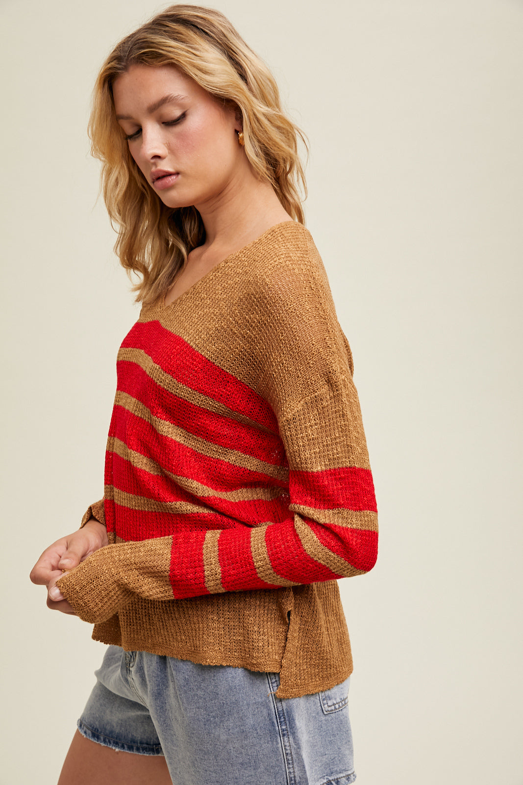 Stripe Crochet Sweater in Red/Camel