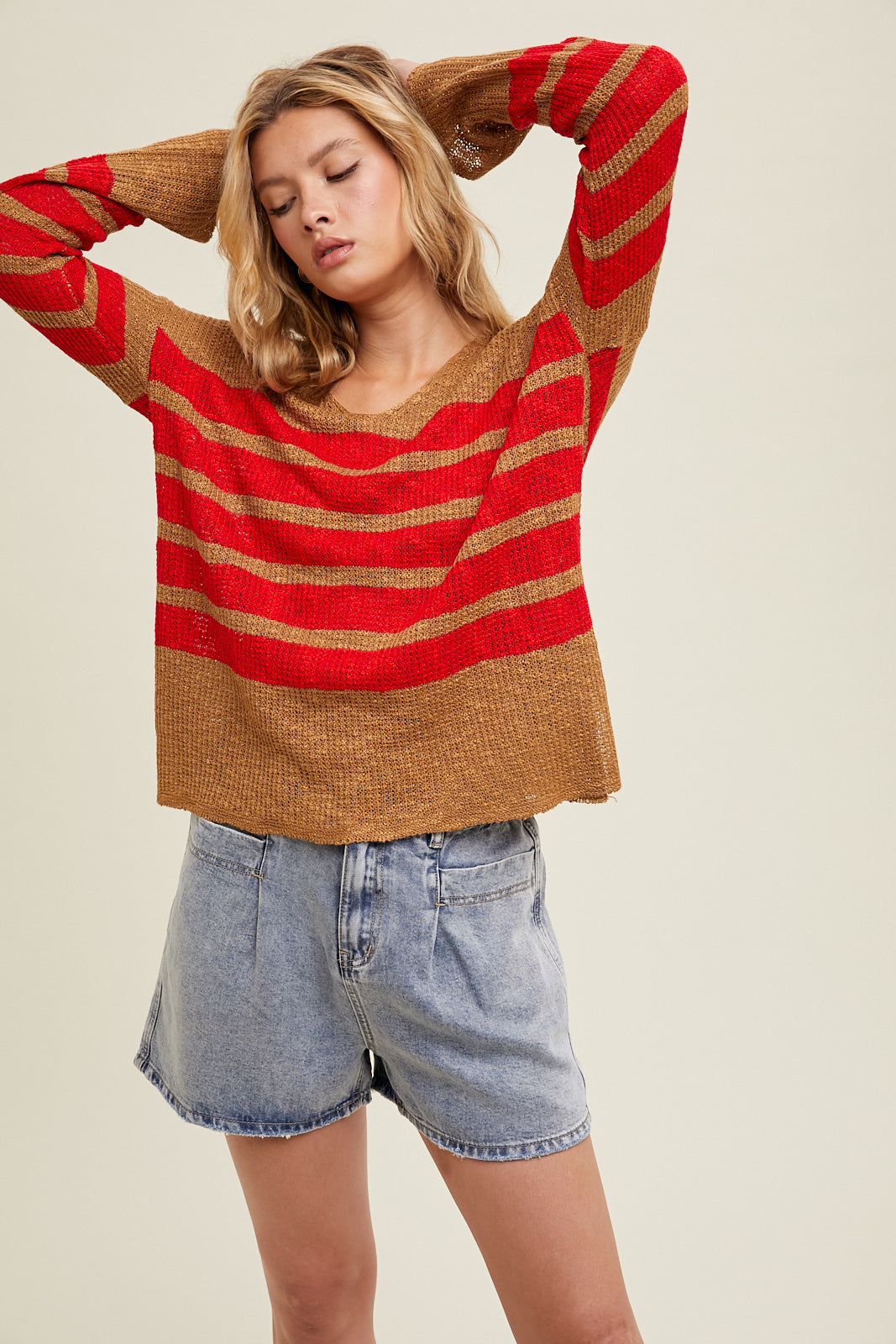 Stripe Crochet Sweater in Red/Camel