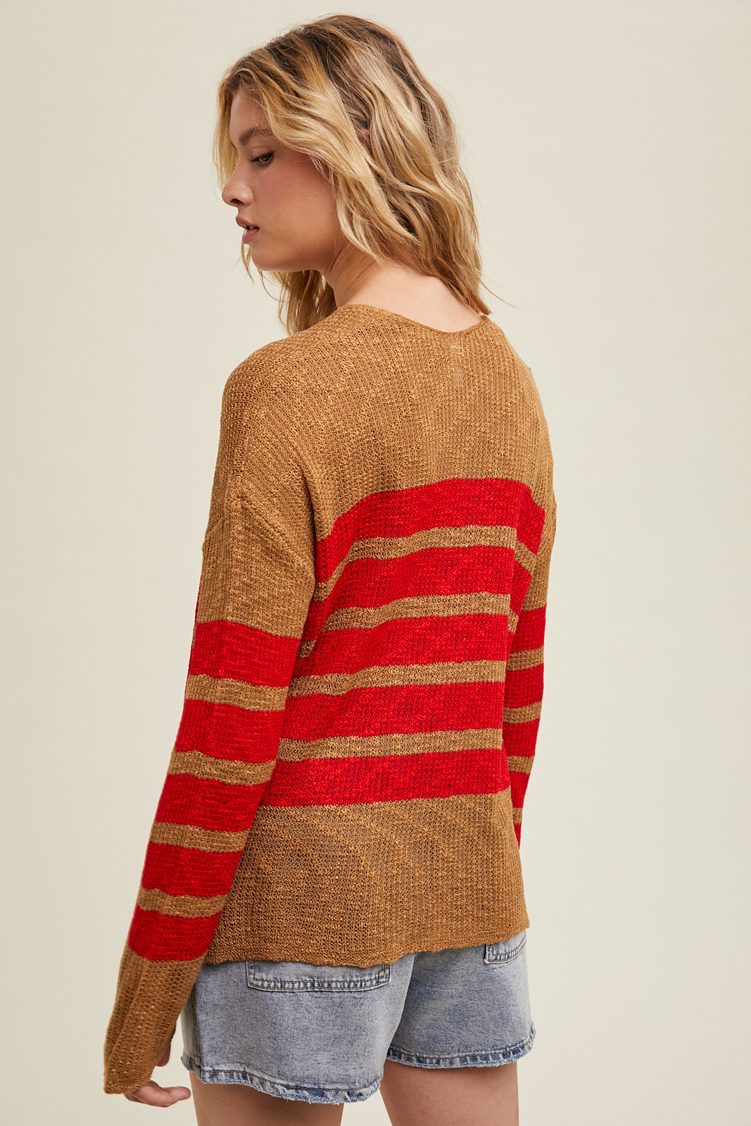 Stripe Crochet Sweater in Red/Camel