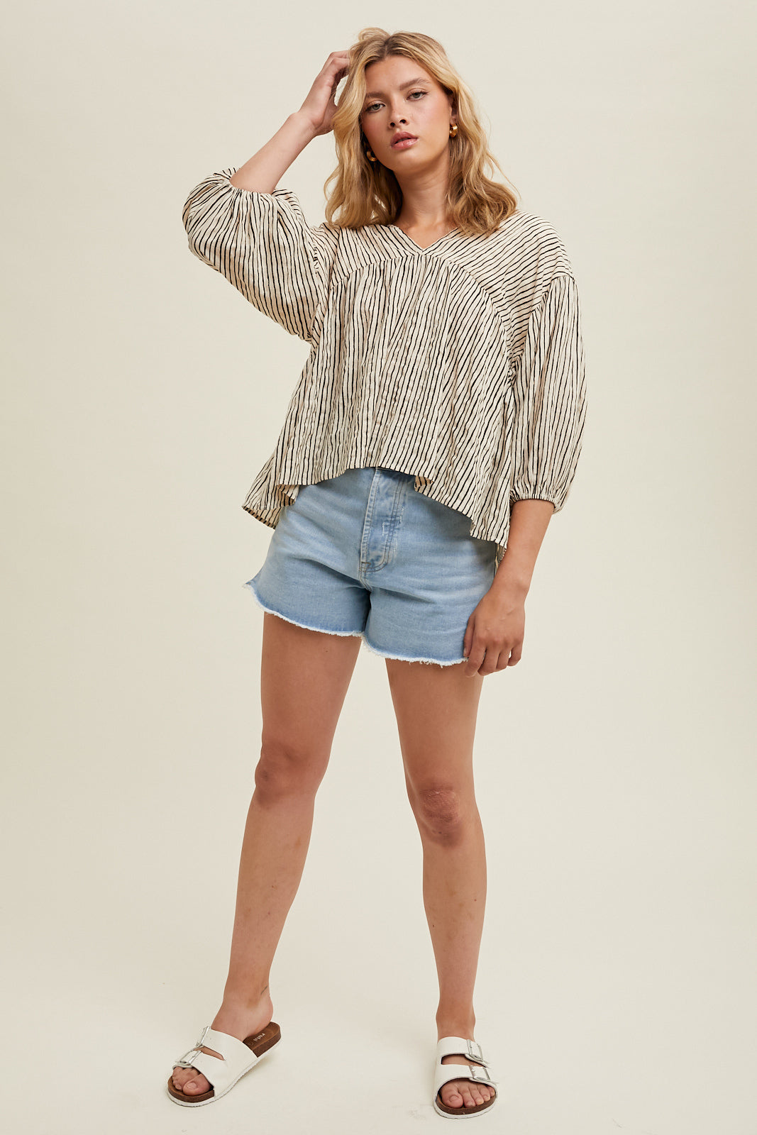 Stripe Ballon Sleeve Top in Sand/Black