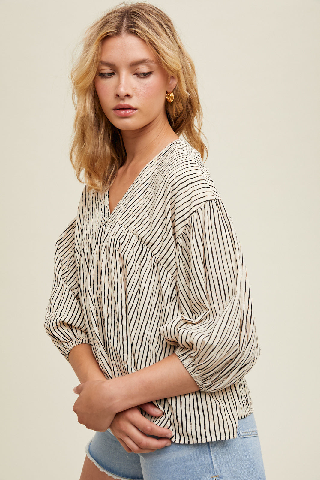 Stripe Ballon Sleeve Top in Sand/Black