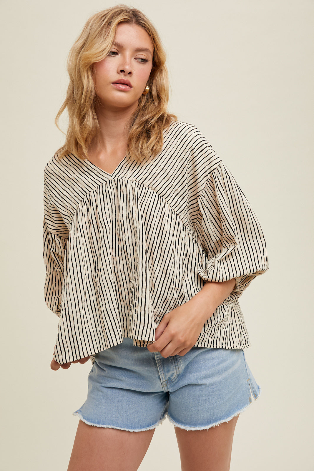 Stripe Ballon Sleeve Top in Sand/Black