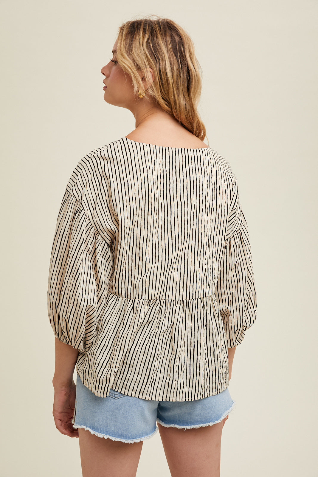 Stripe Ballon Sleeve Top in Sand/Black