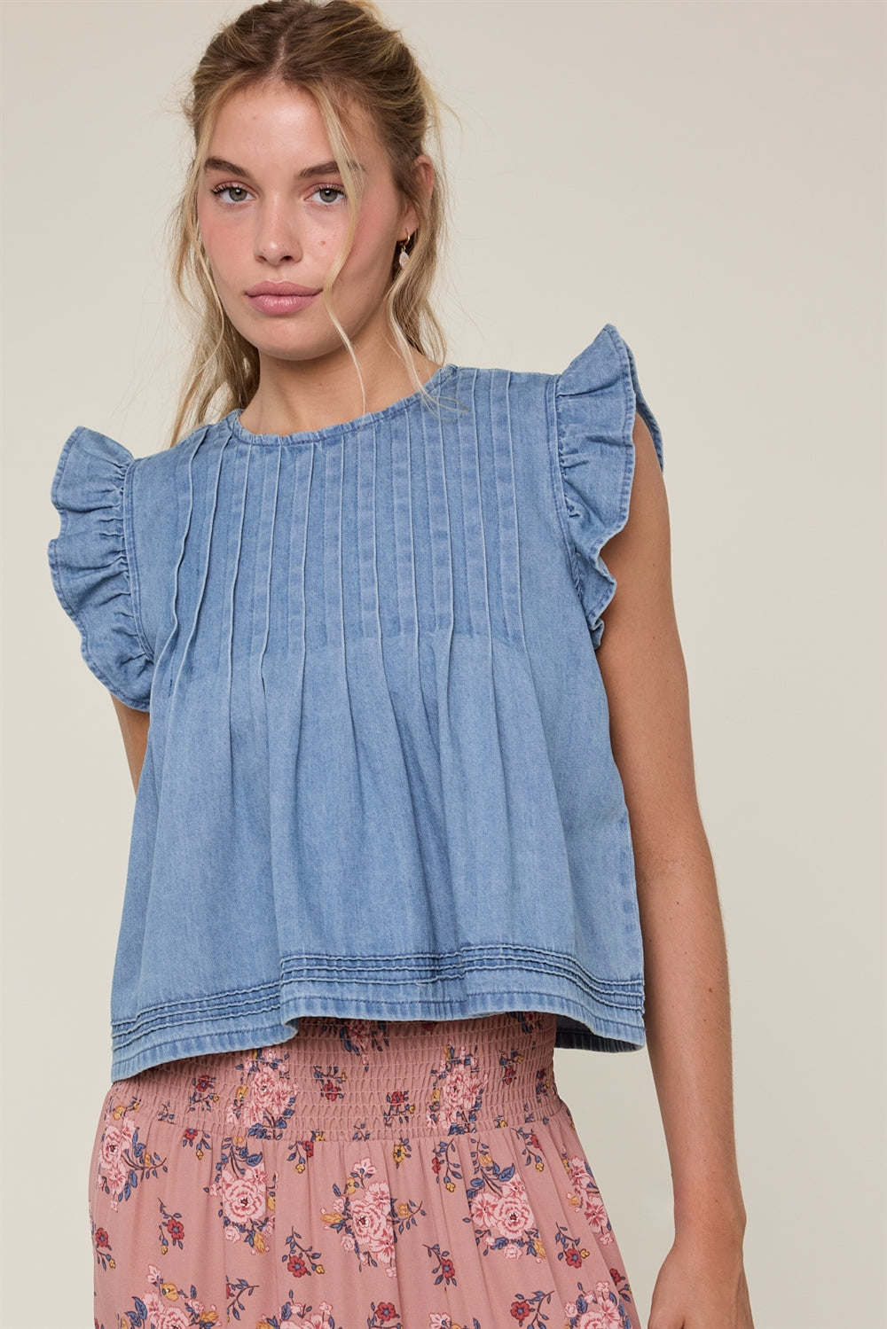 Ruffle and Pleated Denim Top