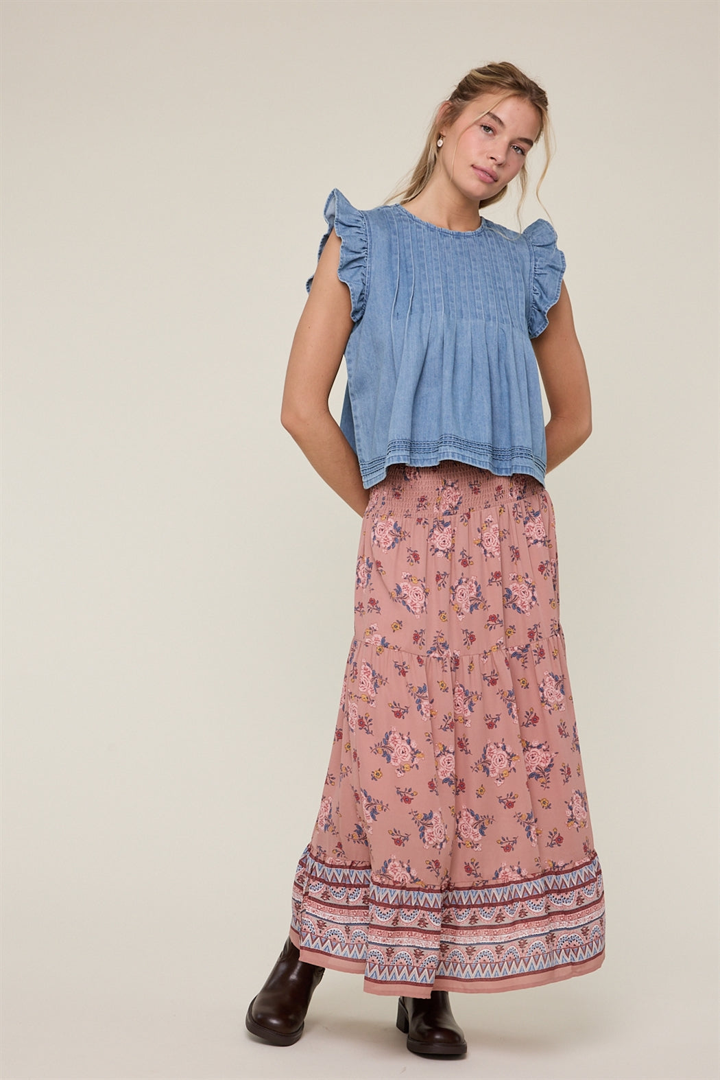Ruffle and Pleated Denim Top