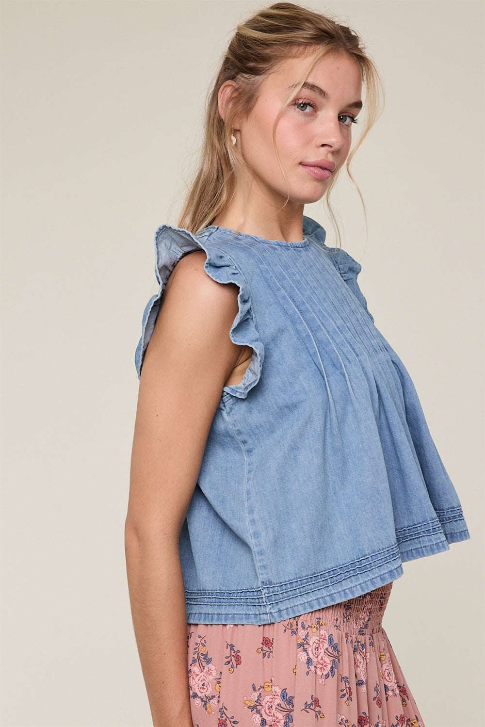 Ruffle and Pleated Denim Top