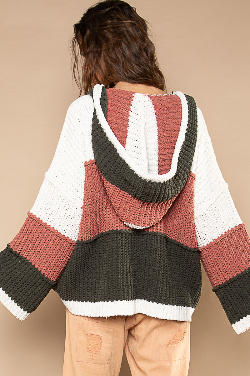 Color Block Chunky Sweater in Olive and Brick