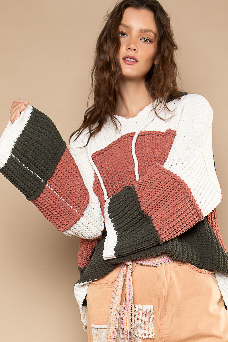 Color Block Chunky Sweater in Olive and Brick