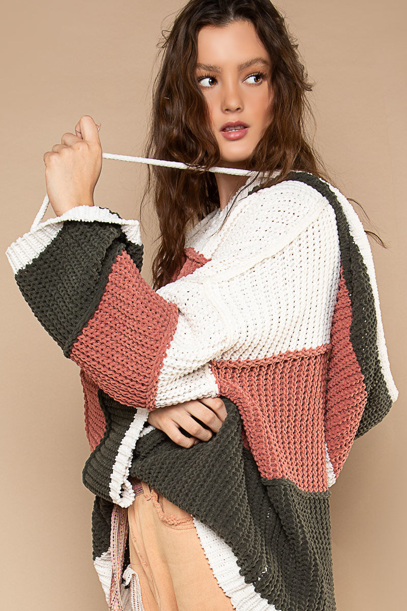 Color Block Chunky Sweater in Olive and Brick