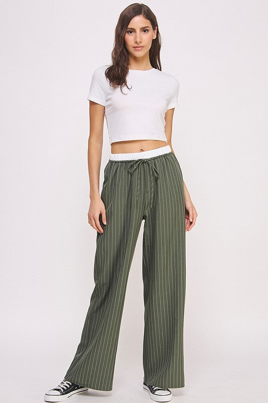 Pinstripe Wide Leg Pant in Olive