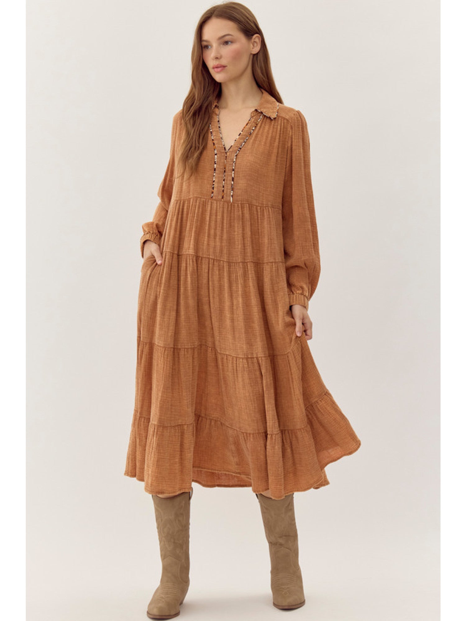 Cotton Texture Midi Dress in Toffee