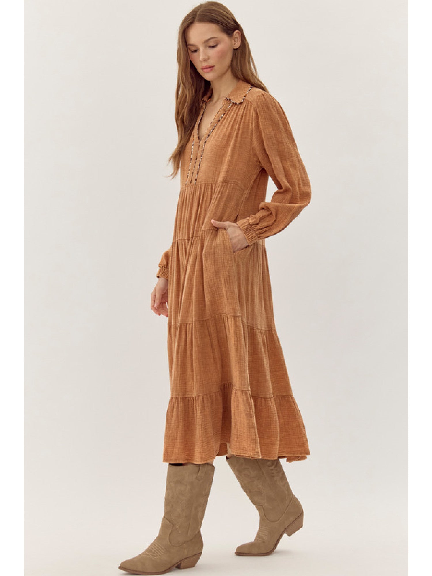 Cotton Texture Midi Dress in Toffee