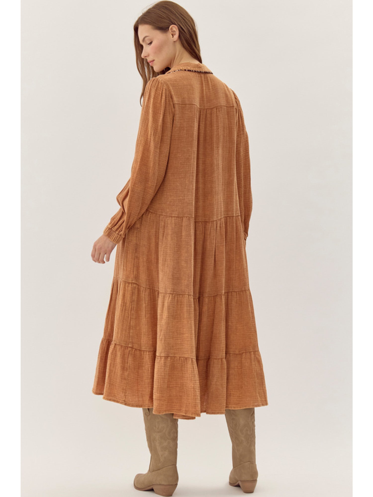 Cotton Texture Midi Dress in Toffee