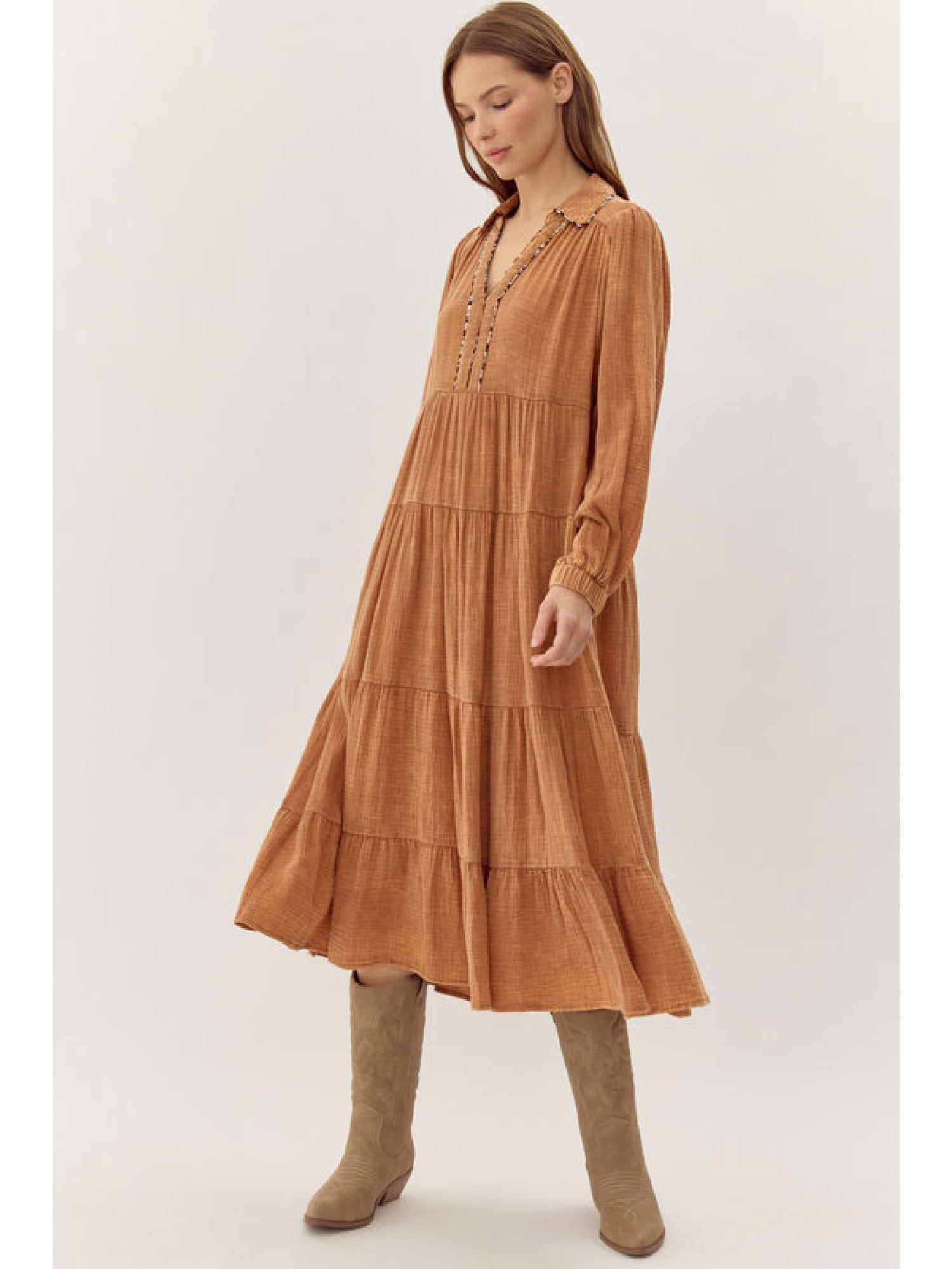 Cotton Texture Midi Dress in Toffee