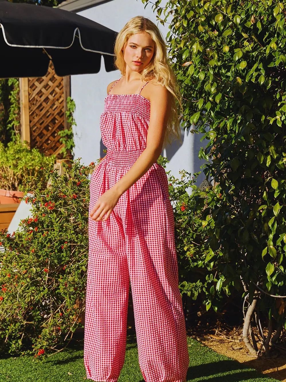Smocked Checkered Seersucker Jumpsuit
