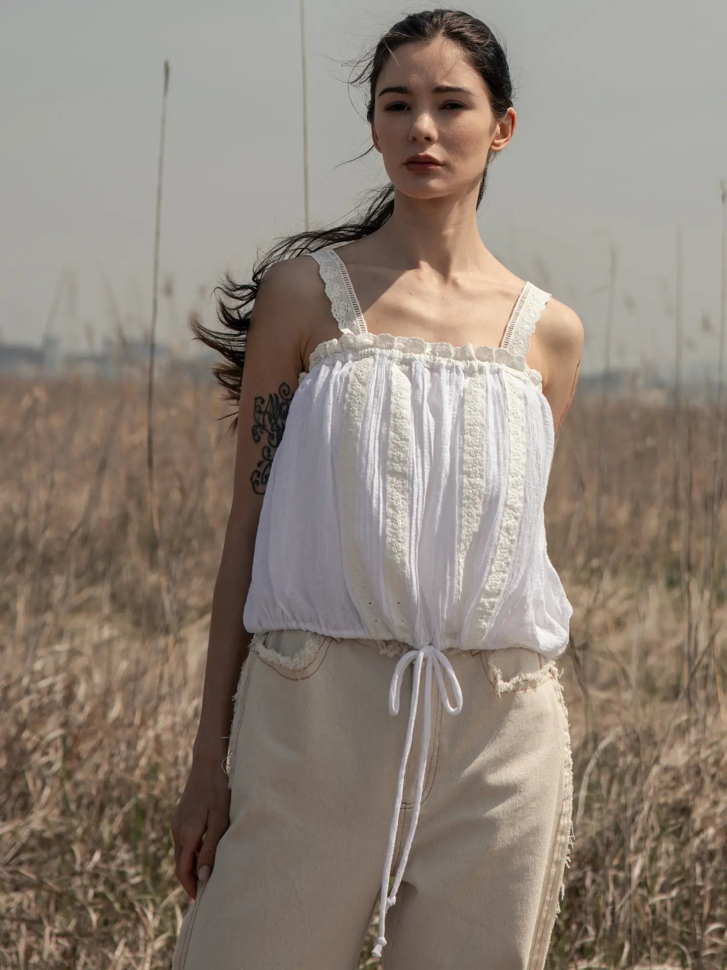 Lace Sleeve Drawstring Waist Tank